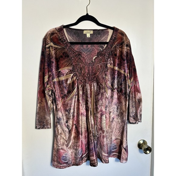 One World 2X Top Velvet Burnout Purple Pink Boho Embellished V-Neck 3/4 Sleeve - Picture 2 of 11